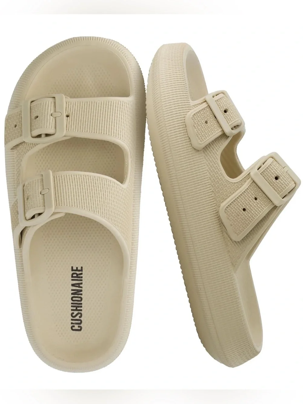 Cushionaire Women’s Cream Double-Buckle Cloud Slide Sandals Size 9